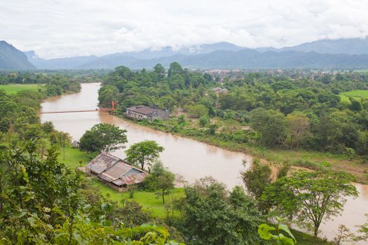 Village and mountain in Vang Vieng, Laos