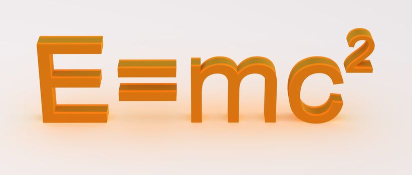 Educational concept of world most famous energy equation portrayed by E=mc2 formula. Energy(E) equals mass (m) times the speed of light (c) squared. Equation is illustrated by 3d text in orange color scheme. Whole formula is rendered on white background with slight softened shadow displayed under the text.