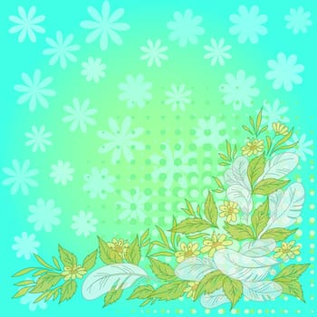 Leaves, flowers and feathers on abstract blue and green background