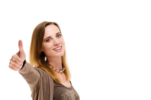 woman showing thumbs up on white background