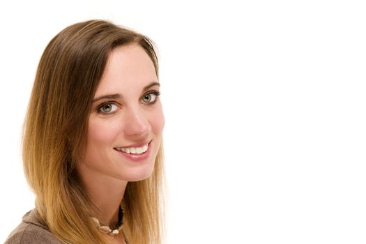 portrait of a happy woman on white background