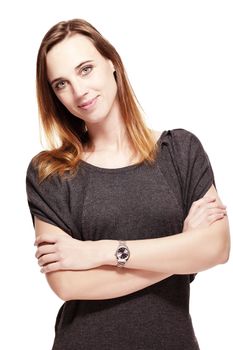 friendly woman with folded arms on white background