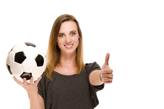 woman with a football showing thumbs up on white background