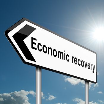Illustration depicting a road traffic sign with an economic recovery concept. Blue sky background.
