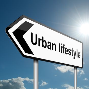 Illustration depicting a road traffic sign with an urban lifestyle concept. Blue sky background.