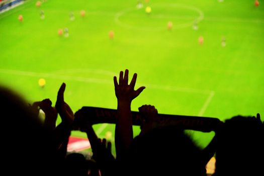 Silhouettes of fans celebrating a goal on football match