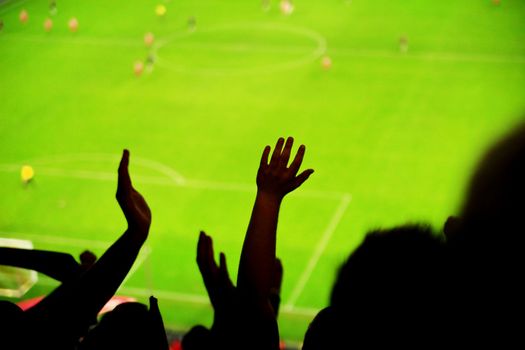 Silhouettes of fans celebrating a goal on football match