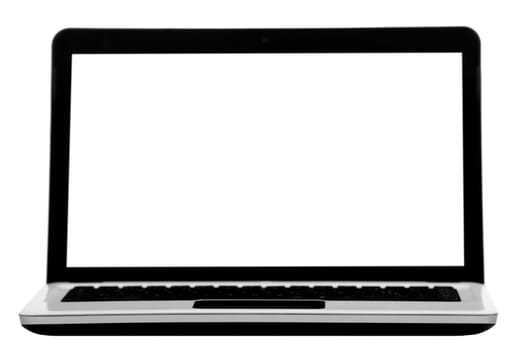 A white notebook with black keyboard and touchpad isolated on a white background with copy space in the screen.