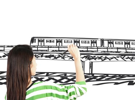 woman draw train transportation and cityscape