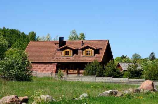 The house with a tile on a background of plants