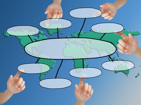 Finger point on blank diagram and world map