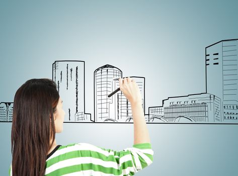 woman draw building and cityscape