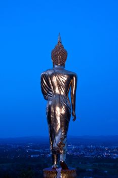 Buddha Standing Color Gold in Background blue sky.