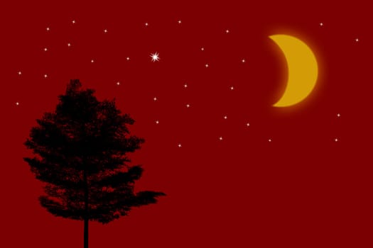 Silhouette of trees with Moon and stars 