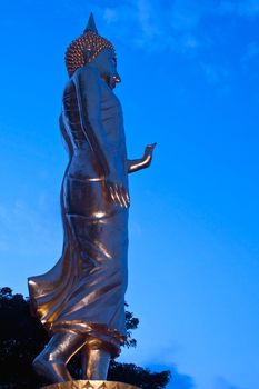 Buddha Standing Color Gold in Background blue sky.