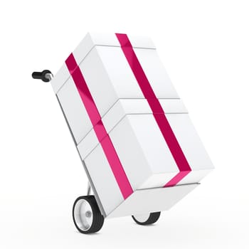 christmas gift box pink ribbon hand truck