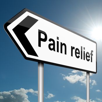 Illustration depicting a road traffic sign with a pain relief concept. Blue sky background.