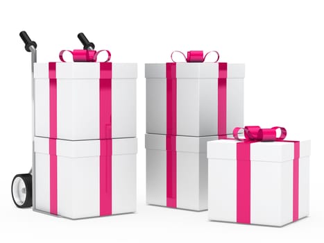 christmas gift box pink ribbon hand truck