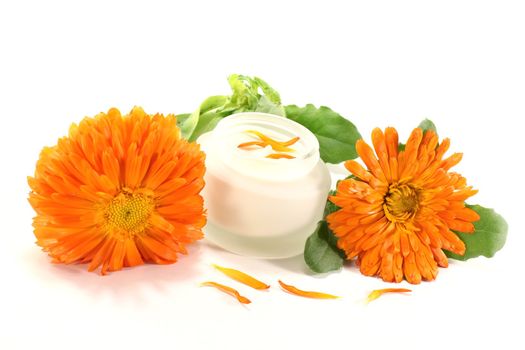 marigold salve with flowers, leaves and petals