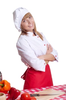 portrait attractive woman cook, smile and happy, white background