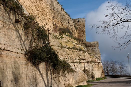 Wall of Castello di Lombardia medieval castle in Enna, Sicily, Italy