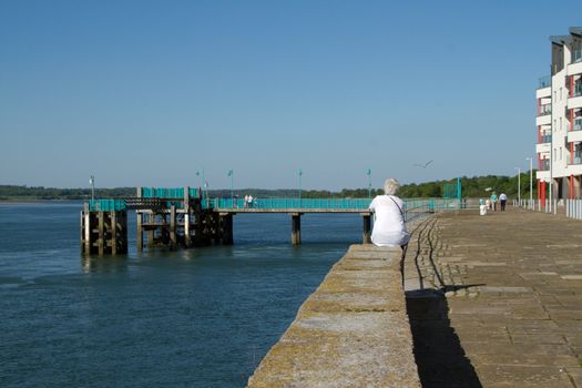 A middle aged, elder woman with short white hair, a white blouse and shoulder strap sits on a wall staring into the distance with other people walking on a path and fishing on a dock next to the sea.