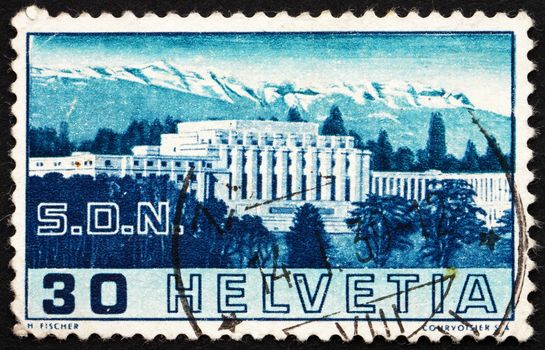 SWITZERLAND - CIRCA 1938: a stamp printed in the Switzerland shows Palace of League of Nations, Geneva, circa 1938