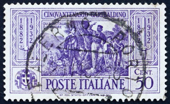 ITALY - CIRCA 1932: a stamp printed in the Italy shows Garibaldi at Battle of Calatafimi, 50th Anniversary of the Death of Giuseppe Garibaldi, Patriot, circa 1932