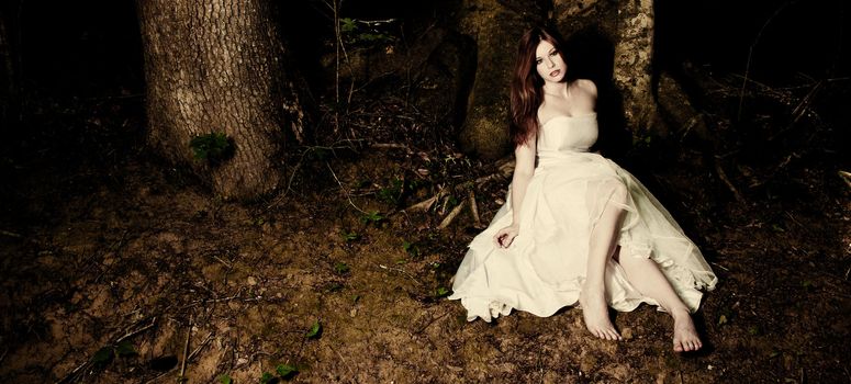 A bride sitting beneath a tree in dark woods