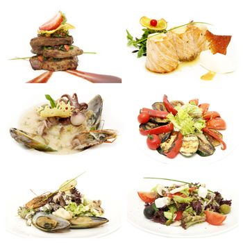 salads with vegetables and seafood in a restaurant