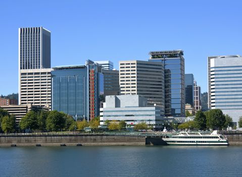 Downtown buildings skyline and cruise ship, Portland OR.