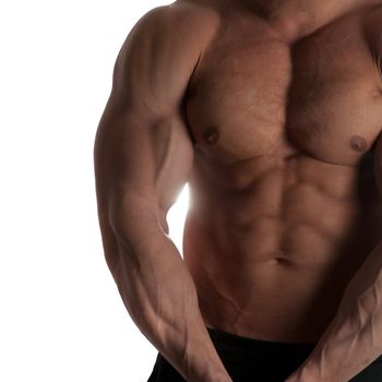 Muscular male torso of bodybuilder on white background