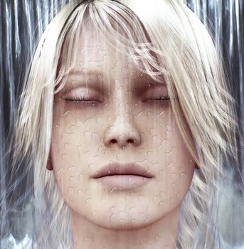 Digital composition of a female face with water drops