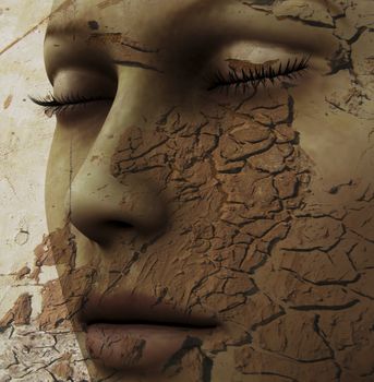 Digital composition of a female face / one of four elements: earth