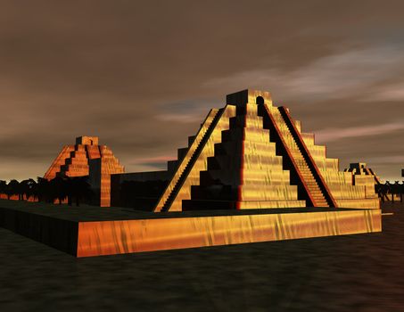 digital scene with prehistoric mexican pyramids