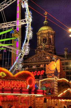 funfair scene in the old town of amsterdam, netherlands (hdr)