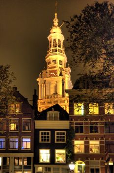 scene in the old town of amsterdam, netherlands by night (hdr)