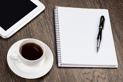 notepad, pen, coffee and tablet, workplace businessman