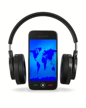 phone and headphone on white background. Isolated 3D image