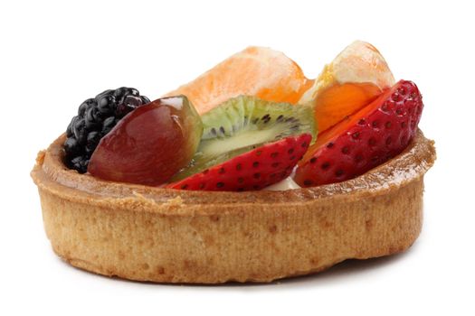 Close-up image of a tasty fruitcake against a white background.