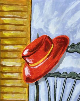 A painting of a red hat on a chair