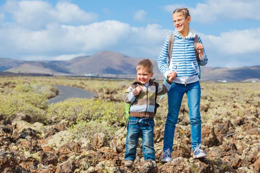 Cute little boy and his sister with backpack have trip in the mountains