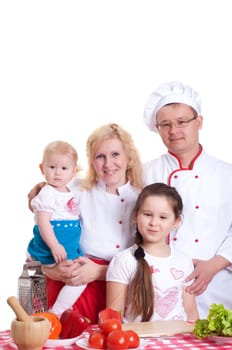 family cooking, making a meal, white background
