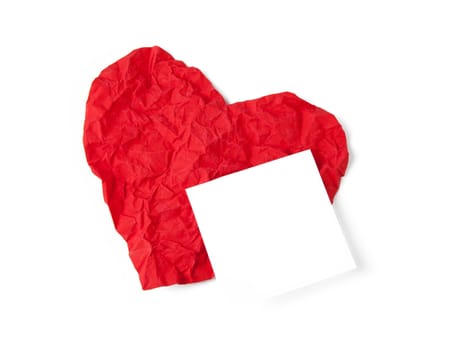 Red crumpled paper heart isolated on white background