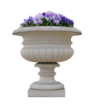 Masonry outdoor flower pot with viola pansy flowers. Object isolated on white background.