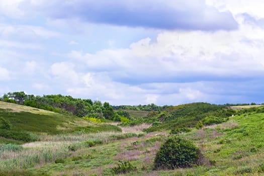 old river bed between two hills, grassy