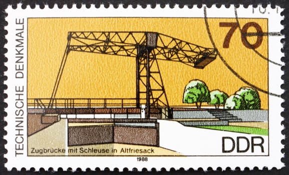 GDR - CIRCA 1988: a stamp printed in GDR shows Ship Lift and Bridge, Altfriesack, Germany, circa 1988