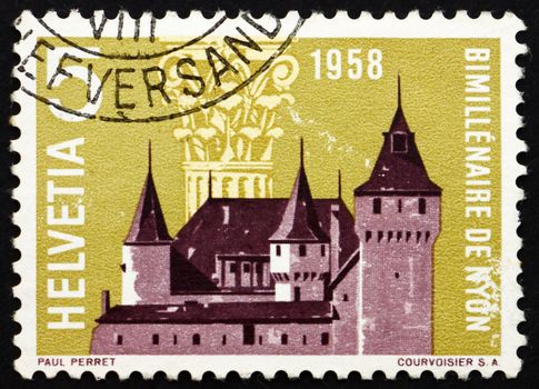 SWITZERLAND - CIRCA 1958: a stamp printed in the Switzerland shows Nyon Castle and Corinthian Capital, 2000th Anniversary of Nyon, circa 1958