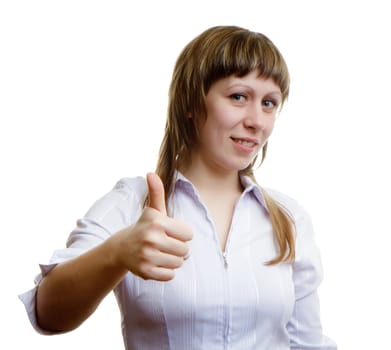 young girl with thumb up on a white background