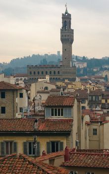 View of Florence in the winter, overcast day with the bell tower of the cathedral Duomo